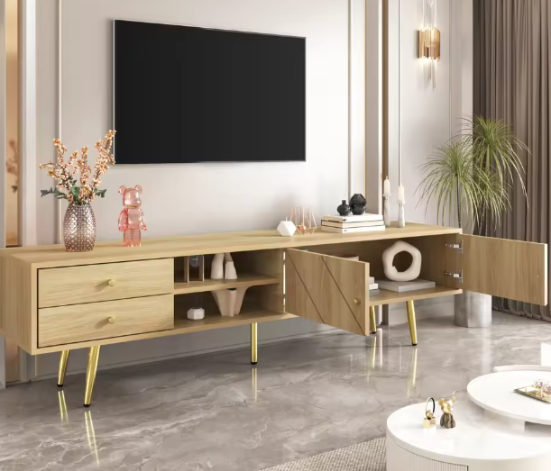 TV-meubel 160 cm met LED-verlichting, 2 deuren en 2 lades – Modern houten dressoir