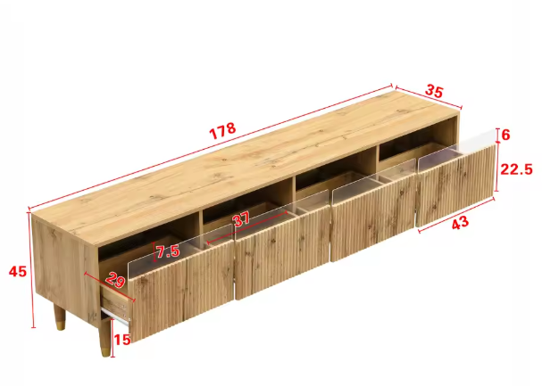 Modern houten tv-meubel 178 cm – Minimalistisch design met 4 lades en kabelbeheer
