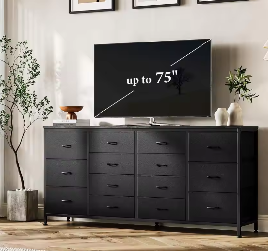 63" Zwart Dressoir TV-Meubel met 14 Lades & Stopcontacten