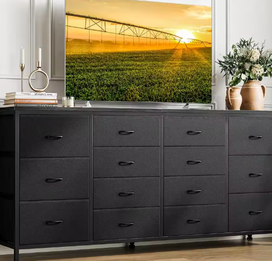 63" Zwart Dressoir TV-Meubel met 14 Lades & Stopcontacten