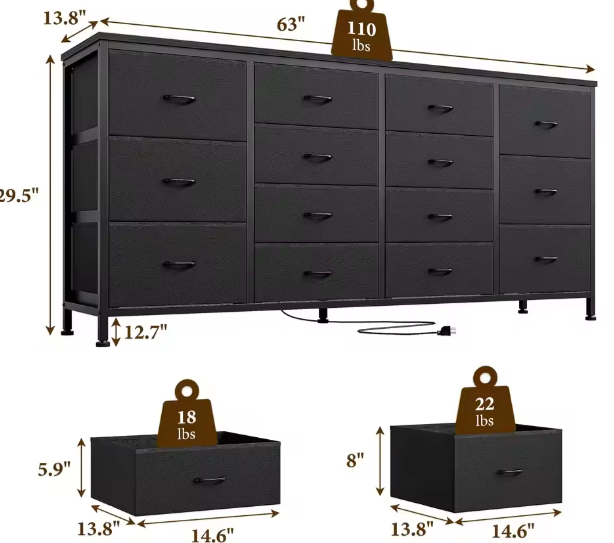 63" Zwart Dressoir TV-Meubel met 14 Lades & Stopcontacten