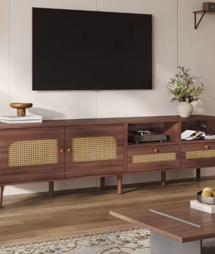 TV-meubel voor 80 inch TV – 2 Rotan Deuren, 2 Lades, Modern Lowboard met 8 Poten, Bruin