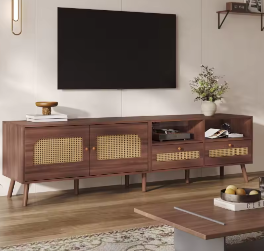 TV-meubel voor 80 inch TV – 2 Rotan Deuren, 2 Lades, Modern Lowboard met 8 Poten, Bruin
