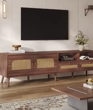 TV-meubel voor 80 inch TV – 2 Rotan Deuren, 2 Lades, Modern Lowboard met 8 Poten, Bruin