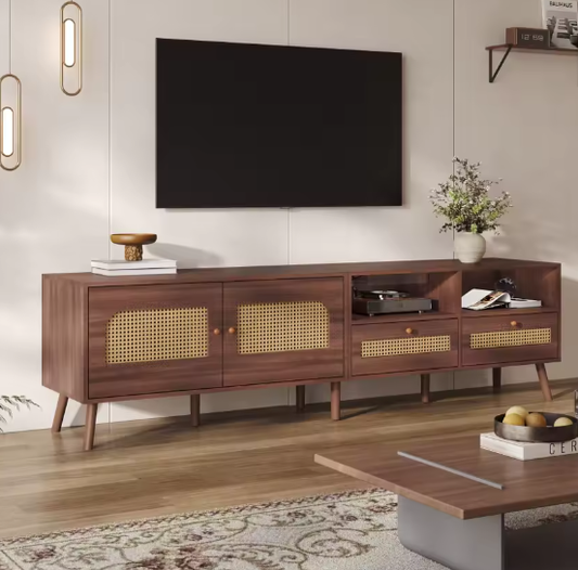 TV-meubel voor 80 inch TV – 2 Rotan Deuren, 2 Lades, Modern Lowboard met 8 Poten, Bruin