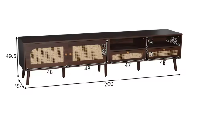 TV-meubel voor 80 inch TV – 2 Rotan Deuren, 2 Lades, Modern Lowboard met 8 Poten, Bruin
