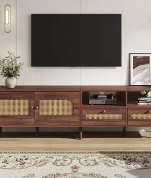 TV-meubel voor 80 inch TV – 2 Rotan Deuren, 2 Lades, Modern Lowboard met 8 Poten, Bruin