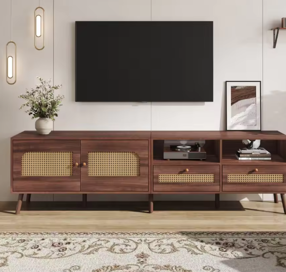 TV-meubel voor 80 inch TV – 2 Rotan Deuren, 2 Lades, Modern Lowboard met 8 Poten, Bruin