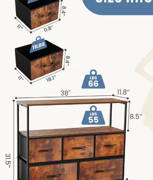 TV-standaard met 5 Stoffen Lades – Opbergkast voor Slaapkamer en Woonkamer