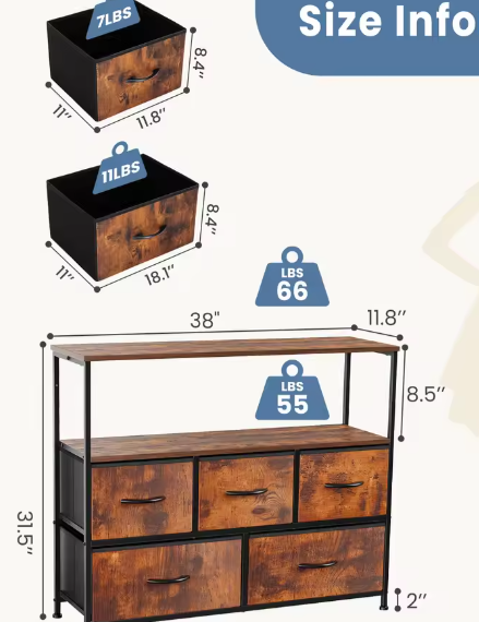 TV-standaard met 5 Stoffen Lades – Opbergkast voor Slaapkamer en Woonkamer