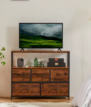 TV-standaard met 5 Stoffen Lades – Opbergkast voor Slaapkamer en Woonkamer