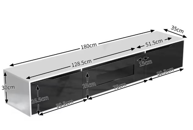TV-meubel 180 cm met LED-verlichting – Hoogglans Lowboard met 3 Deuren