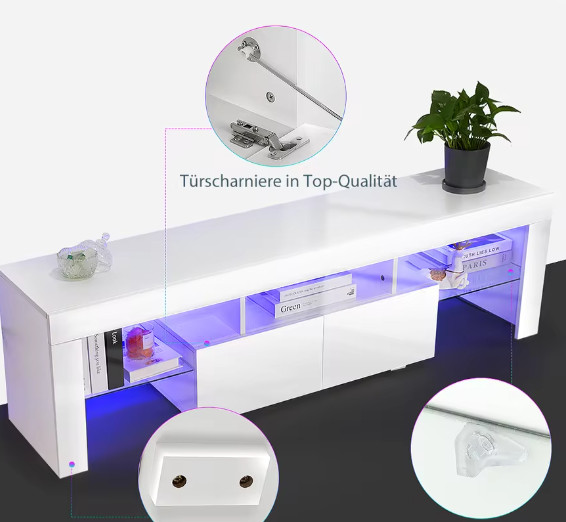 Modern Wit 160 cm TV-meubel – Hoogglans TV-standaard met RGB LED-verlichting