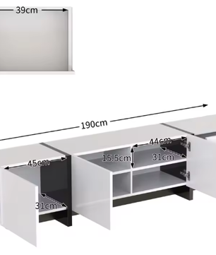 TV-meubel 190x35x45 cm – Lowboard met 2 Lades en 3 Deuren, Wit/Zwart