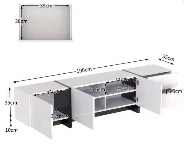 TV-meubel 190x35x45 cm – Lowboard met 2 Lades en 3 Deuren, Wit/Zwart