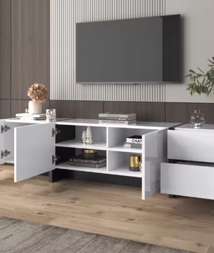 TV-meubel 190x35x45 cm – Lowboard met 2 Lades en 3 Deuren, Wit/Zwart