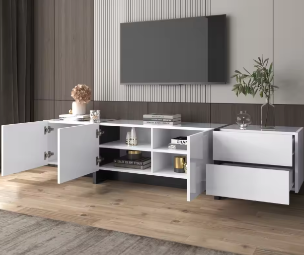 TV-meubel 190x35x45 cm – Lowboard met 2 Lades en 3 Deuren, Wit/Zwart