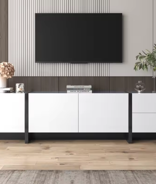 TV-meubel 190x35x45 cm – Lowboard met 2 Lades en 3 Deuren, Wit/Zwart