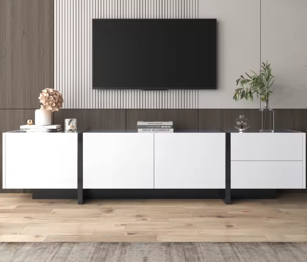 TV-meubel 190x35x45 cm – Lowboard met 2 Lades en 3 Deuren, Wit/Zwart