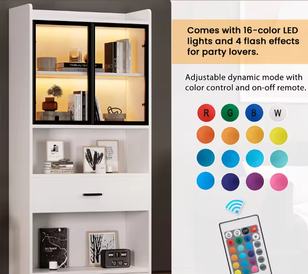 Vitrinekast 80×35,2×153,5 cm – Opbergkast met LED en Pop-up Deuren