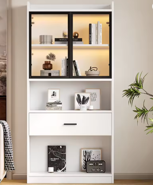 Vitrinekast 80×35,2×153,5 cm – Opbergkast met LED en Pop-up Deuren