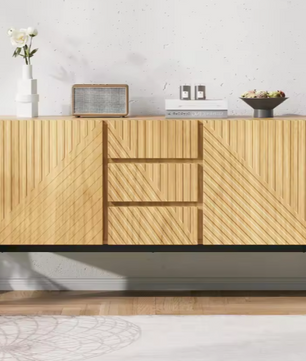 Stijlvol Modern Dressoir met 2 Deuren en 3 Lades, Metalen Poten, TV-Meubel en Buffetkast voor Woonkamer en Eetkamer – H75 x B140 x D40 cm