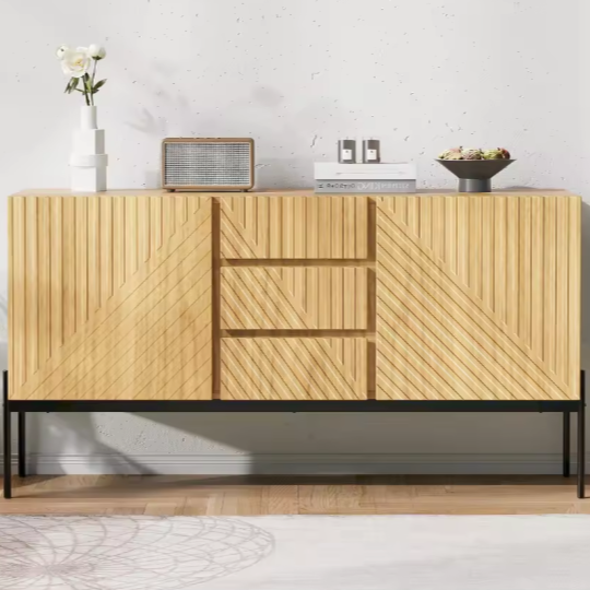 Stijlvol Modern Dressoir met 2 Deuren en 3 Lades, Metalen Poten, TV-Meubel en Buffetkast voor Woonkamer en Eetkamer – H75 x B140 x D40 cm