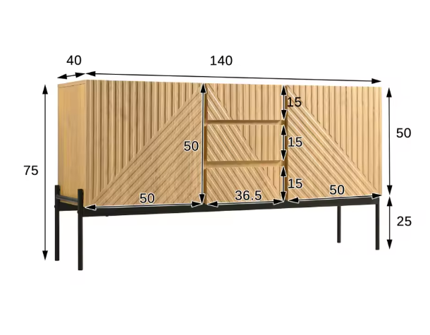 Stijlvol Modern Dressoir met 2 Deuren en 3 Lades, Metalen Poten, TV-Meubel en Buffetkast voor Woonkamer en Eetkamer – H75 x B140 x D40 cm