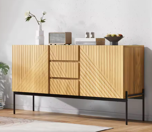Stijlvol Modern Dressoir met 2 Deuren en 3 Lades, Metalen Poten, TV-Meubel en Buffetkast voor Woonkamer en Eetkamer – H75 x B140 x D40 cm