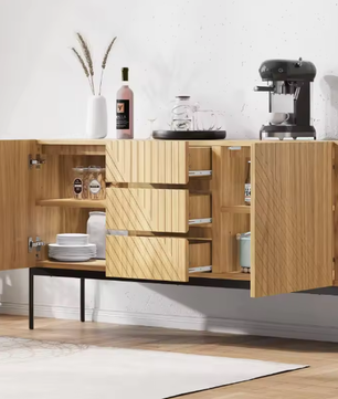 Stijlvol Modern Dressoir met 2 Deuren en 3 Lades, Metalen Poten, TV-Meubel en Buffetkast voor Woonkamer en Eetkamer – H75 x B140 x D40 cm