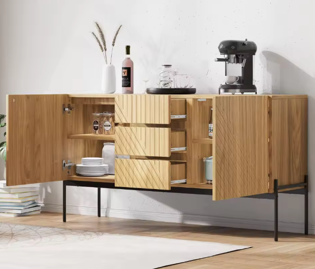 Stijlvol Modern Dressoir met 2 Deuren en 3 Lades, Metalen Poten, TV-Meubel en Buffetkast voor Woonkamer en Eetkamer – H75 x B140 x D40 cm