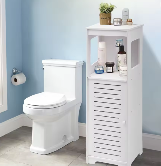 Badkamer Opbergkast Wit – PVC Kast met 4 Lagen en Deur 28×25×90 cm