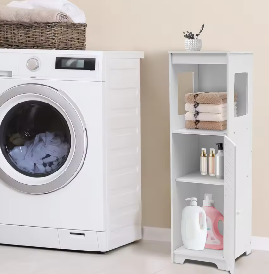 Badkamer Opbergkast Wit – PVC Kast met 4 Lagen en Deur 28×25×90 cm