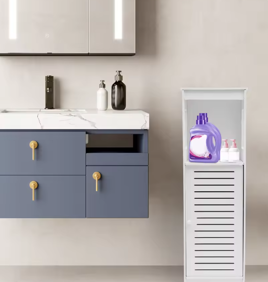 Badkamer Opbergkast Wit – PVC Kast met 4 Lagen en Deur 28×25×90 cm
