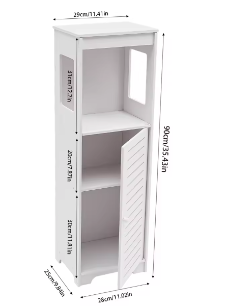 Badkamer Opbergkast Wit – PVC Kast met 4 Lagen en Deur 28×25×90 cm
