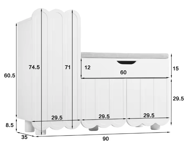 Moderne Schoenenkast met Zitkussen – 3 Deuren, Lade en Opbergruimte 90×35×74,5 cm