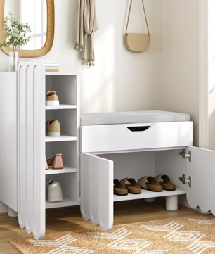 Moderne Schoenenkast met Zitkussen – 3 Deuren, Lade en Opbergruimte 90×35×74,5 cm