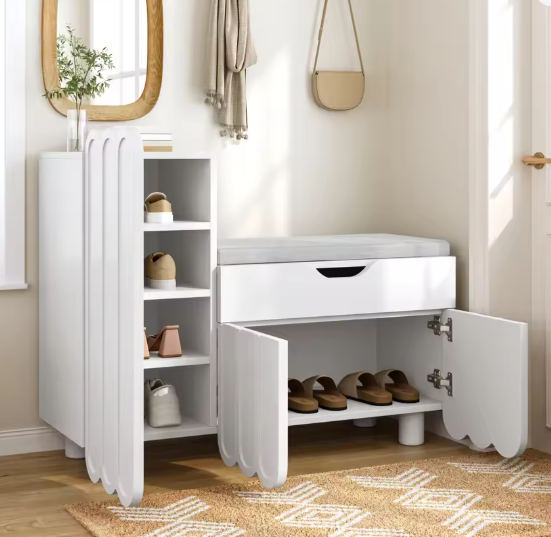 Moderne Schoenenkast met Zitkussen – 3 Deuren, Lade en Opbergruimte 90×35×74,5 cm