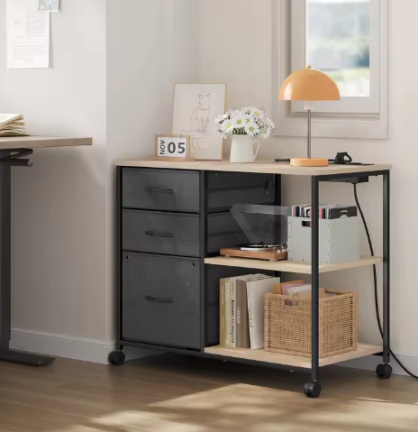 Metalen Archiefkast met Laadstation – 3 Stoffen Lades en Wielen 80×66×40 cm