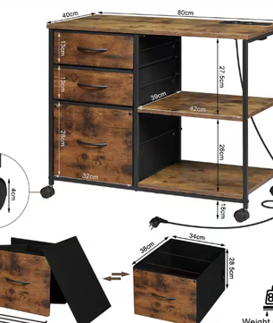 Metalen Archiefkast met Laadstation – 3 Stoffen Lades en Wielen 80×66×40 cm