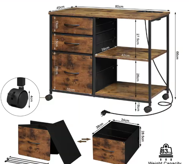 Metalen Archiefkast met Laadstation – 3 Stoffen Lades en Wielen 80×66×40 cm