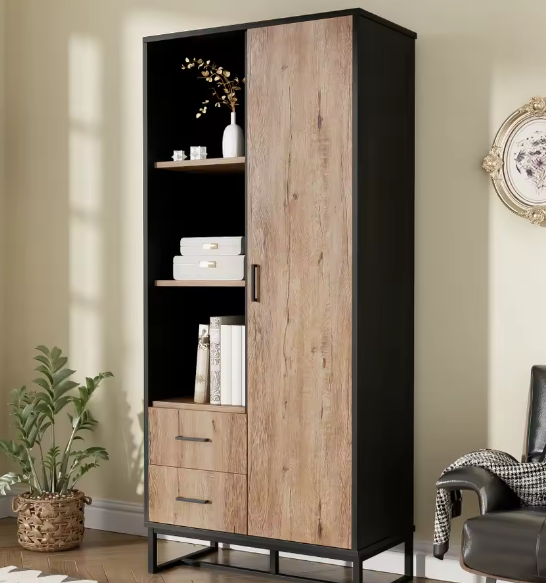 Highboard Kast met Houten Look en Zwart Frame – 180 cm