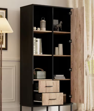 Highboard Kast met Houten Look en Zwart Frame – 180 cm
