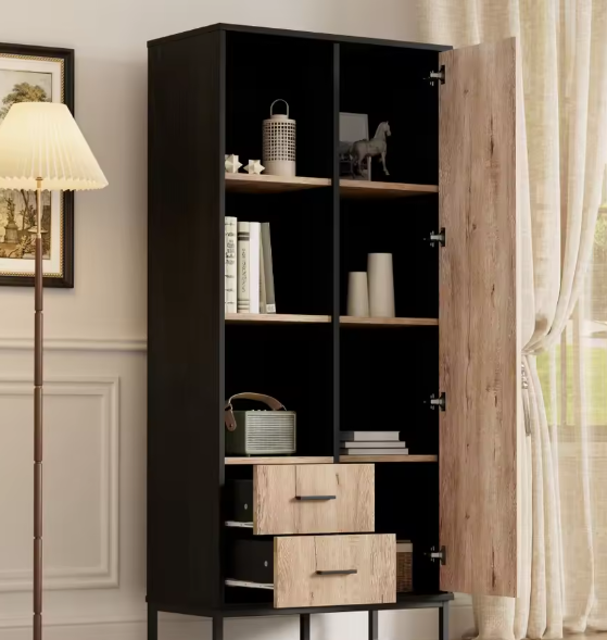 Highboard Kast met Houten Look en Zwart Frame – 180 cm