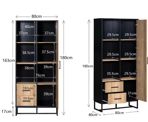 Highboard Kast met Houten Look en Zwart Frame – 180 cm