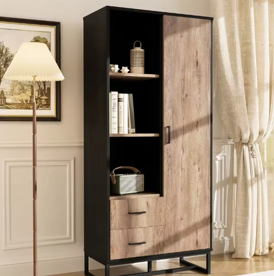 Highboard Kast met Houten Look en Zwart Frame – 180 cm