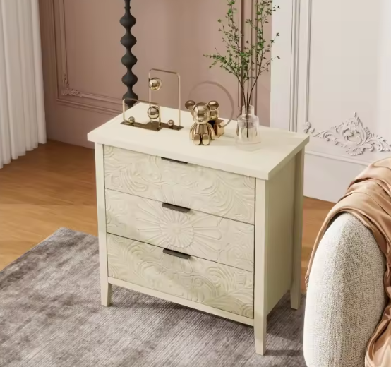 Houten Mobiele Archiefkast met 3 Lades – Modern Drielaags Opbergmeubel met Reliëfontwerp