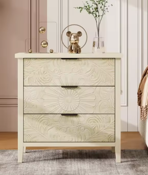 Houten Mobiele Archiefkast met 3 Lades – Modern Drielaags Opbergmeubel met Reliëfontwerp