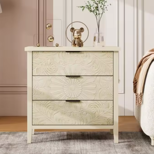 Houten Mobiele Archiefkast met 3 Lades – Modern Drielaags Opbergmeubel met Reliëfontwerp