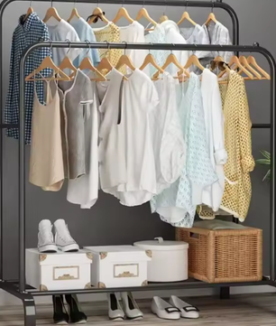 Dubbel Rails Staand Kledingrek – Met Planken voor Schoenen en Accessoires